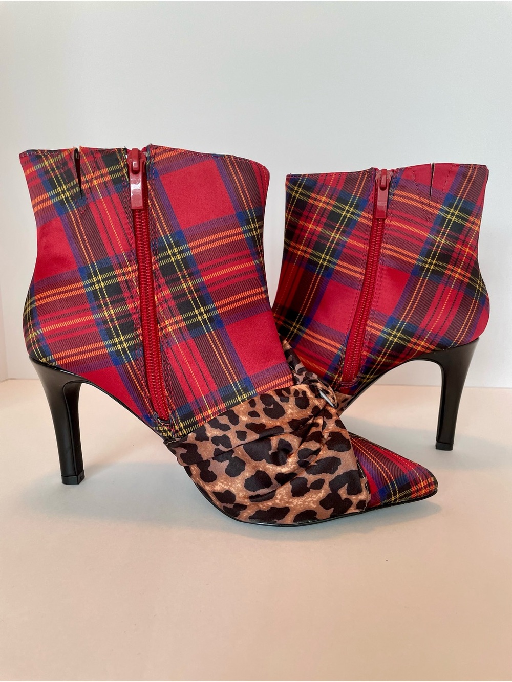 Betsey Johnson Red Plaid & Leopard Print Ankle Booties